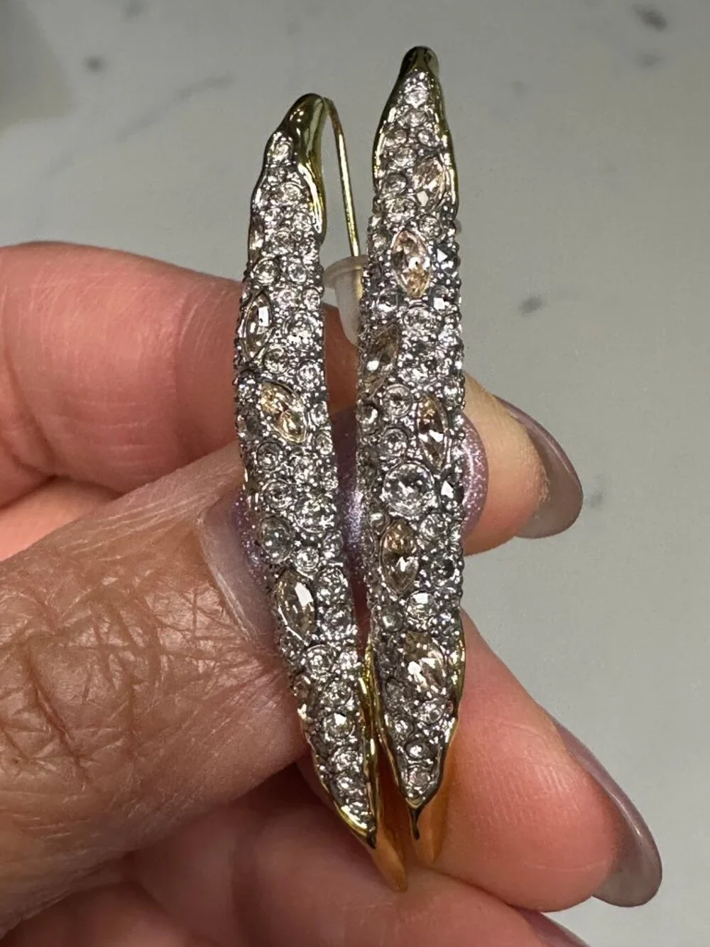 Alexis Bittar Solanales Two-Tone Crystal Pavé Spear Elongated Hoops Earrings